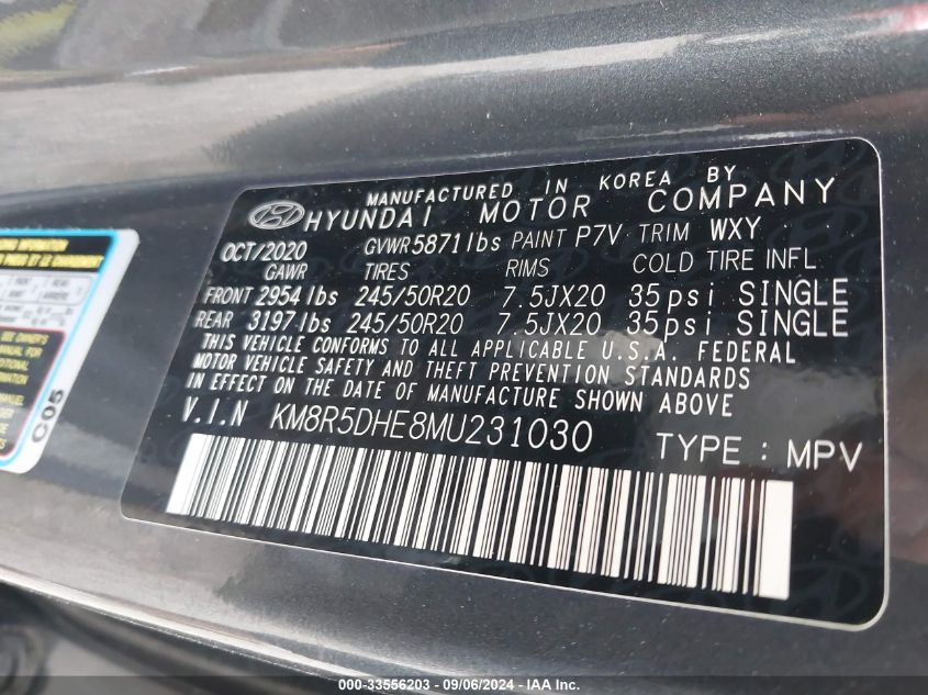 2021 Hyundai Palisade Limited VIN: KM8R5DHE8MU231030 Lot: 33556203