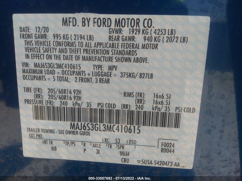 2021 Ford Ecosport Se VIN: MAJ6S3GL3MC410615 Lot: 33557692