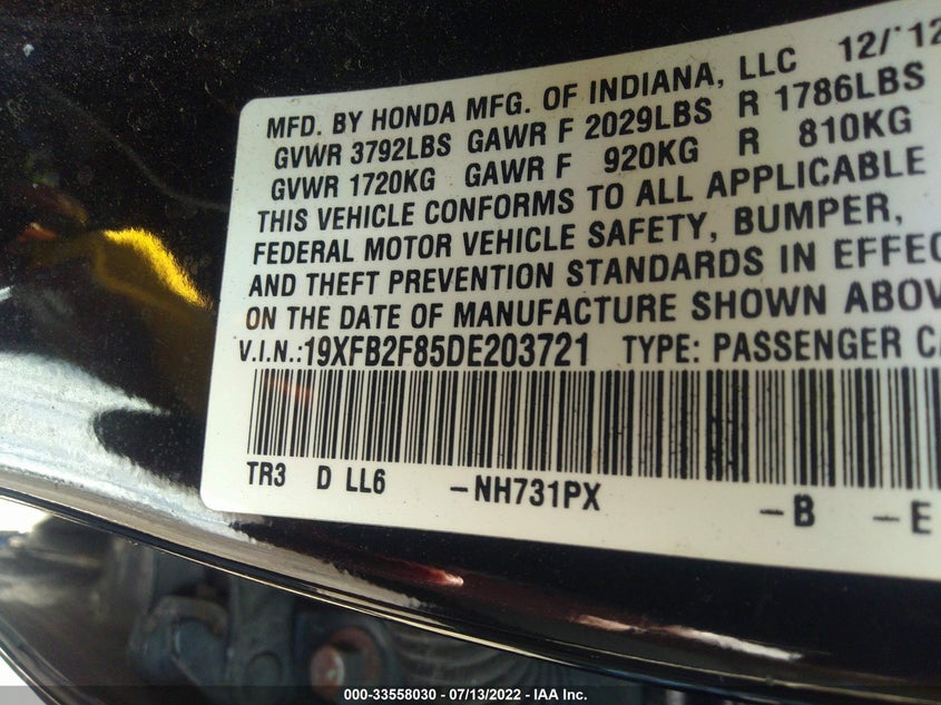 2013 HONDA CIVIC EX 19XFB2F85DE203721