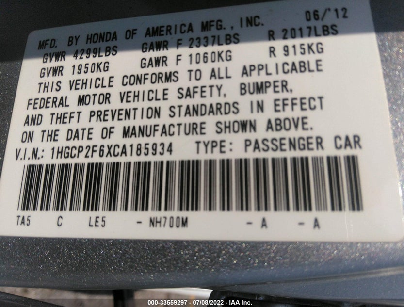 1HGCP2F6XCA185934