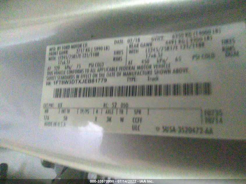 2018 Ford F-350 Lariat VIN: 1FT8W3DTXJEB81779 Lot: 33570998