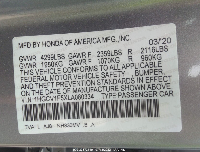 1HGCV1F5XLA080334