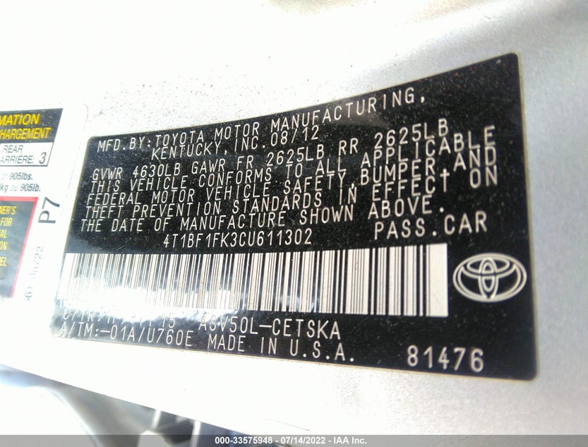 4T1BF1FK3CU611302