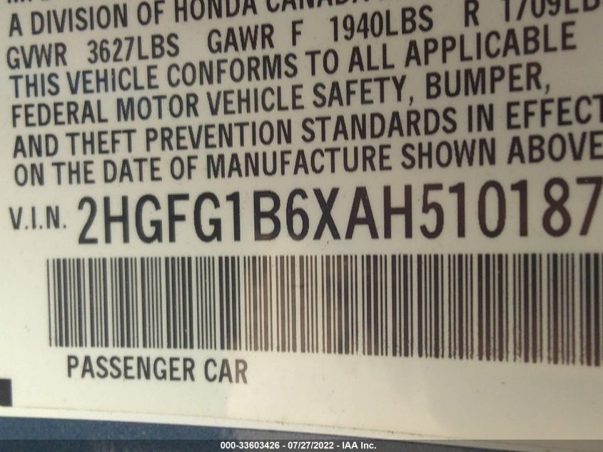 2010 Honda Civic Lx VIN: 2HGFG1B6XAH510187 Lot: 33603426