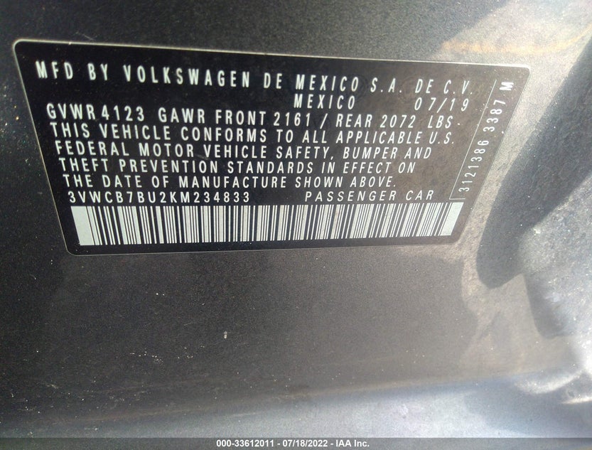 3VWCB7BU2KM234833