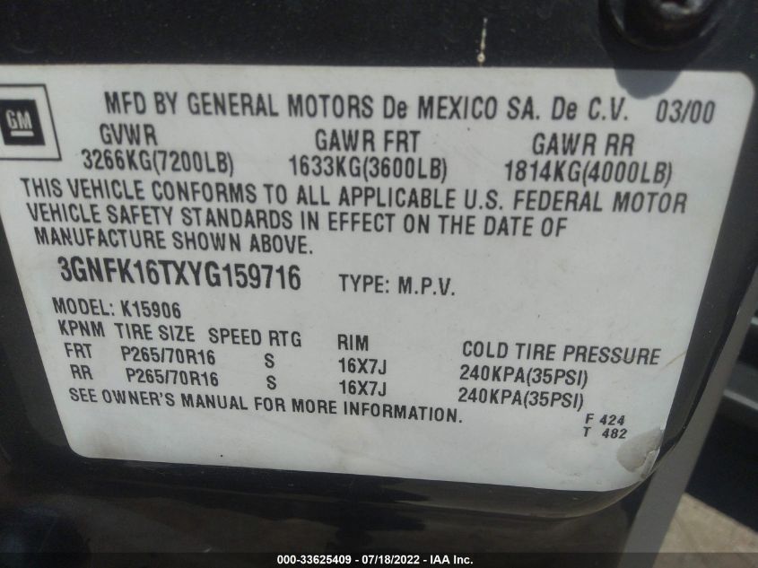 2000 Chevrolet Suburban 1500 Lt VIN: 3GNFK16TXYG159716 Lot: 33625409