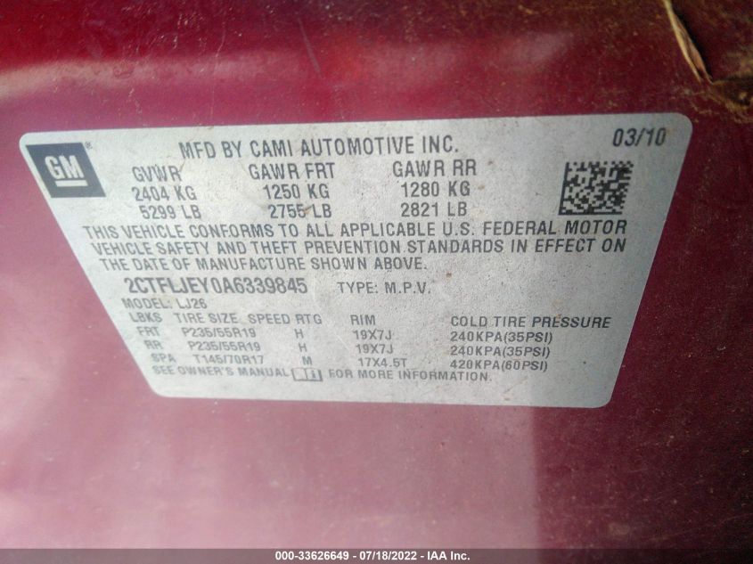 2010 GMC Terrain Slt-2 VIN: 2CTFLJEY0A6339845 Lot: 33626649