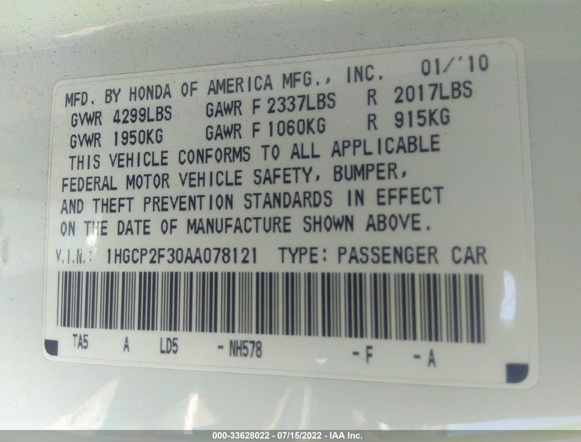 1HGCP2F30AA078121