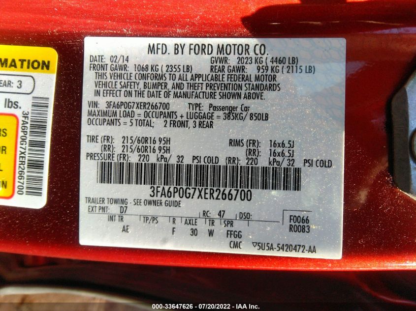 3FA6P0G7XER266700 2014 Ford Fusion S