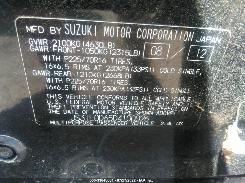 VIN JS3TE0D65D4100026 2013 Suzuki Grand Vitara, Pre... no.9