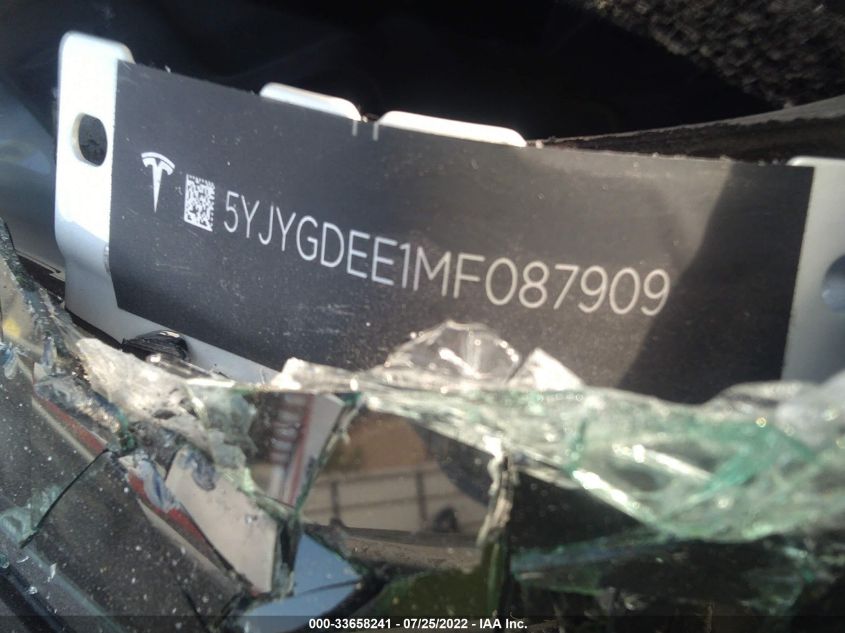 2021 Tesla Model Y Long Range Dual Motor All-Wheel Drive VIN: 5YJYGDEE1MF087909 Lot: 33658241