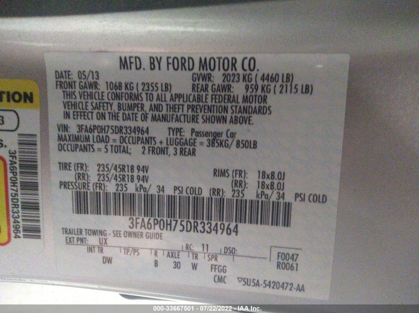 2013 Ford Fusion Se VIN: 3FA6P0H75DR334964 Lot: 33667501