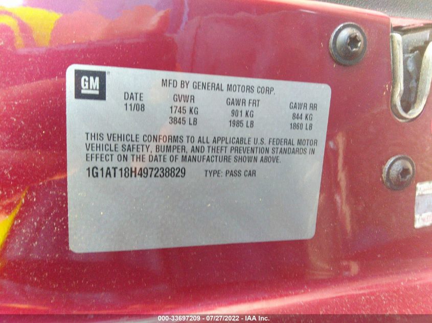 2009 Chevrolet Cobalt Lt VIN: 1G1AT18H497238829 Lot: 33697209