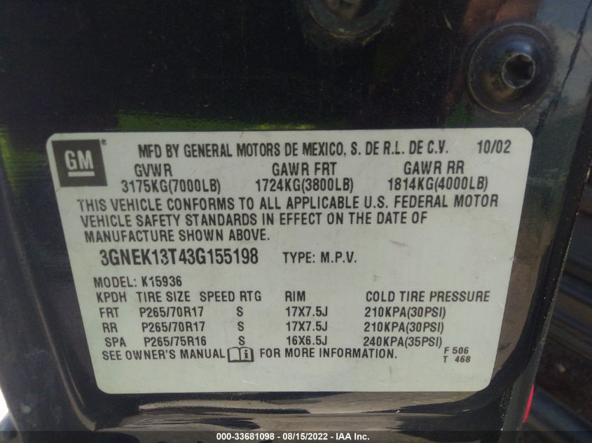 2003 Chevrolet Avalanche VIN: 3GNEK13T43G155198 Lot: 33681098