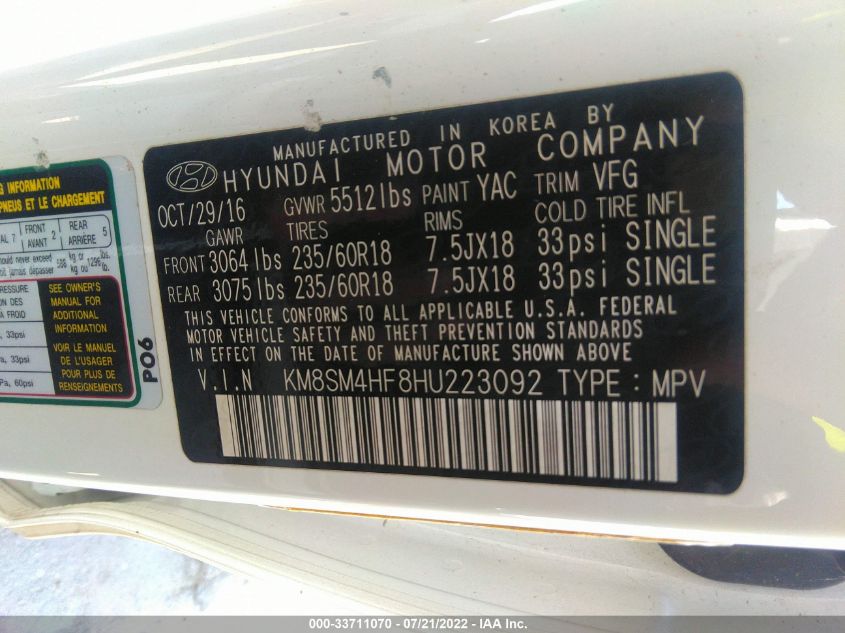 KM8SM4HF8HU223092 2017 Hyundai Santa Fe Se