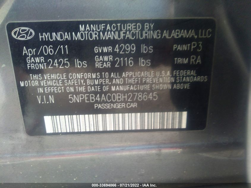 2011 Hyundai Sonata Gls VIN: 5NPEB4AC0BH278645 Lot: 33694866