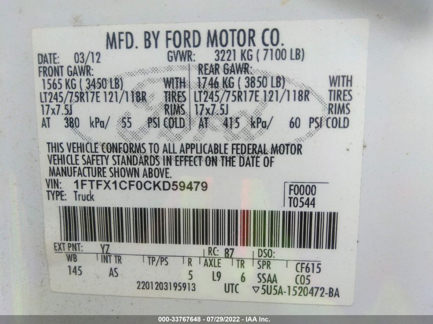 2012 Ford F-150 Xl VIN: 1FTFX1CF0CKD59479 Lot: 33767648