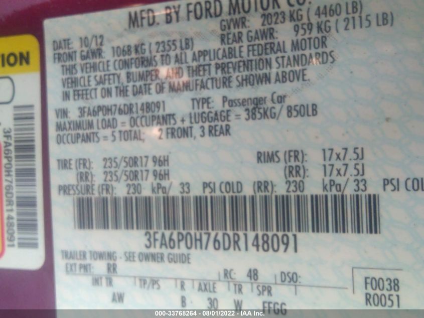 2013 Ford Fusion Se VIN: 3FA6P0H76DR148091 Lot: 33768264