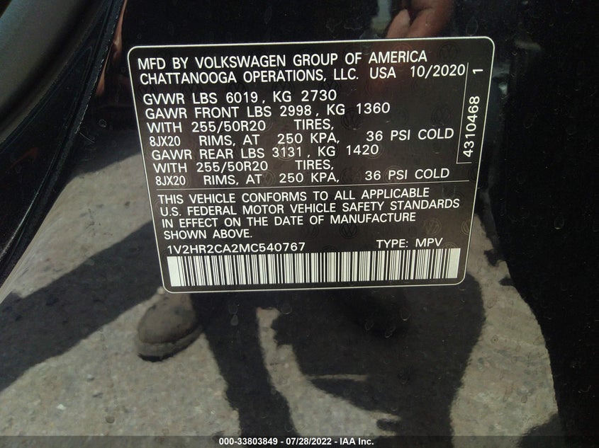 2021 VOLKSWAGEN ATLAS VIN: 1V2HR2CA2MC540767