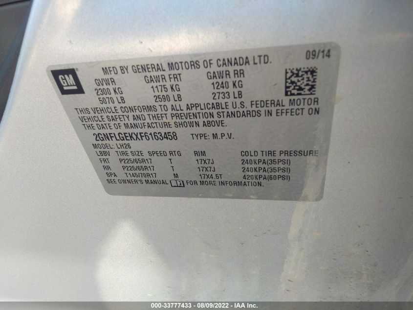 2GNFLGEKXF6163458 2015 Chevrolet Equinox Lt