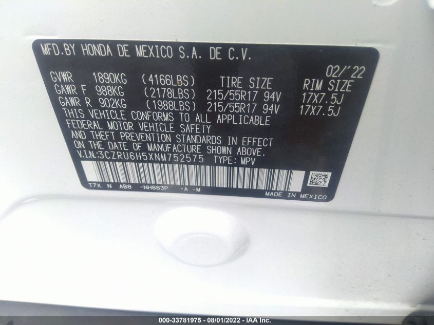 3CZRU6H5XNM752575 2022 Honda Hr-V Awd Ex