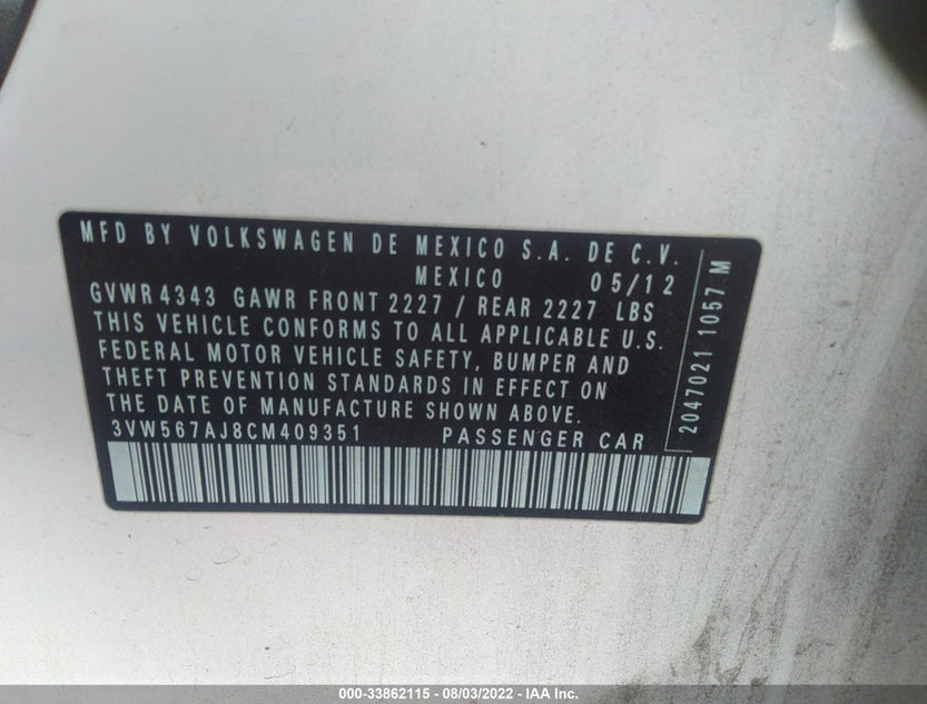 3VW567AJ8CM409351