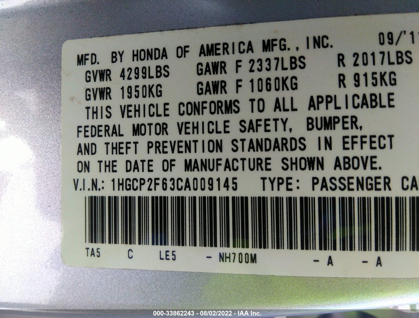 1HGCP2F63CA009145