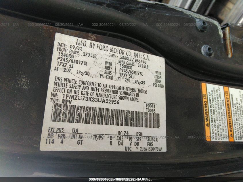 2003 Ford Explorer Nbx/Xlt VIN: 1FMZU73K33UA22956 Lot: 33864900