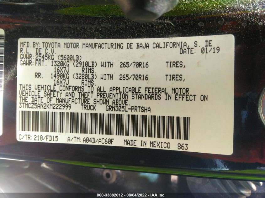 2019 Toyota Tacoma 4Wd Sr/Sr5/Trd Sport VIN: 3TMCZ5AN2KM222999 Lot: 33882012