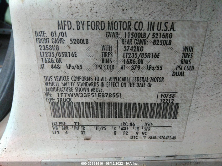 1FTWW33F51EB78551 2001 FORD F350 photo no. 9
