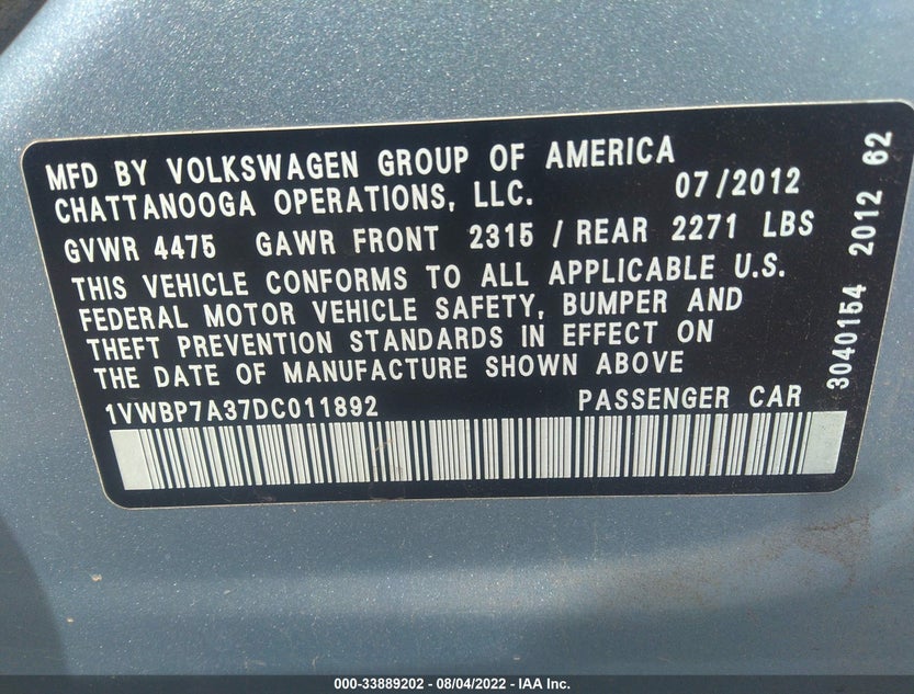 1VWBP7A37DC011892