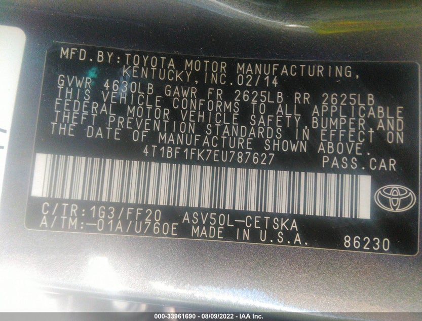 4T1BF1FK7EU787627