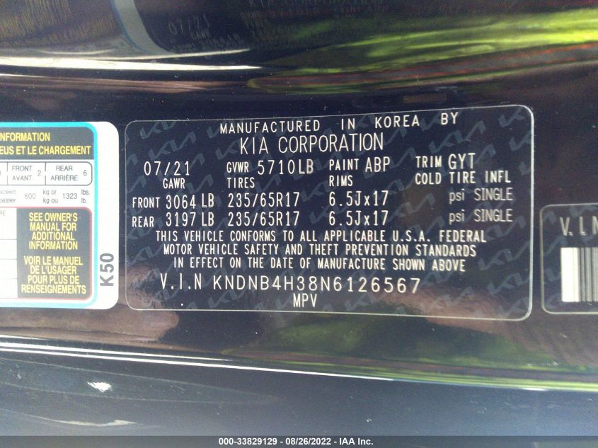 2022 Kia Carnival Lxs VIN: KNDNB4H38N6126567 Lot: 33829129