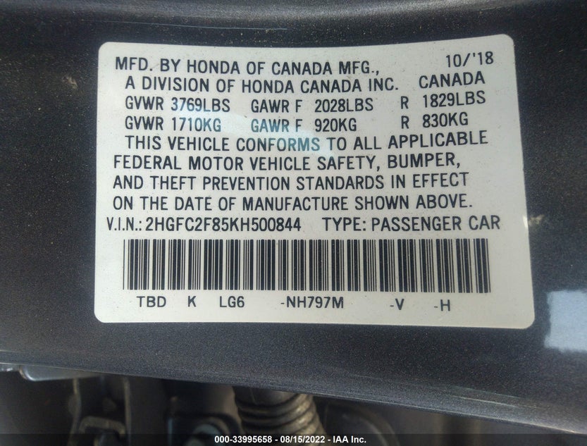 2HGFC2F85KH500844