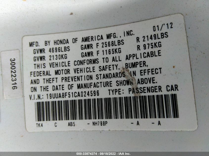 19UUA8F51CA024596 2012 Acura Tl 3.5