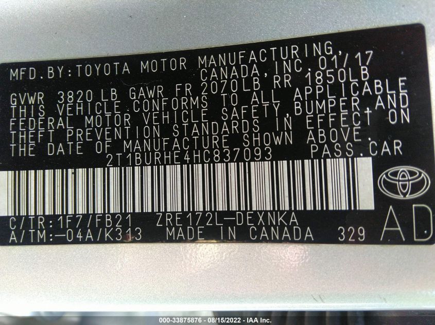 2T1BURHE4HC837093 2017 Toyota Corolla Le