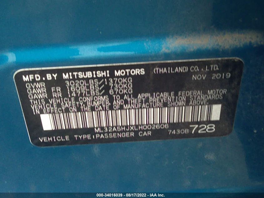 2020 Mitsubishi Mirage Le/Gt VIN: ML32A5HJXLH002606 Lot: 34016039