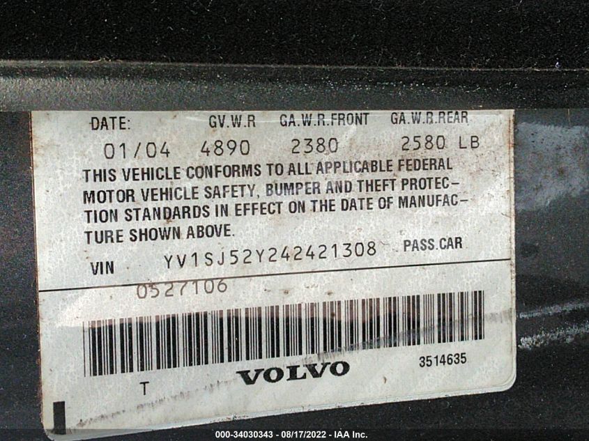 2004 Volvo V70 R VIN: YV1SJ52Y242421308 Lot: 34030343