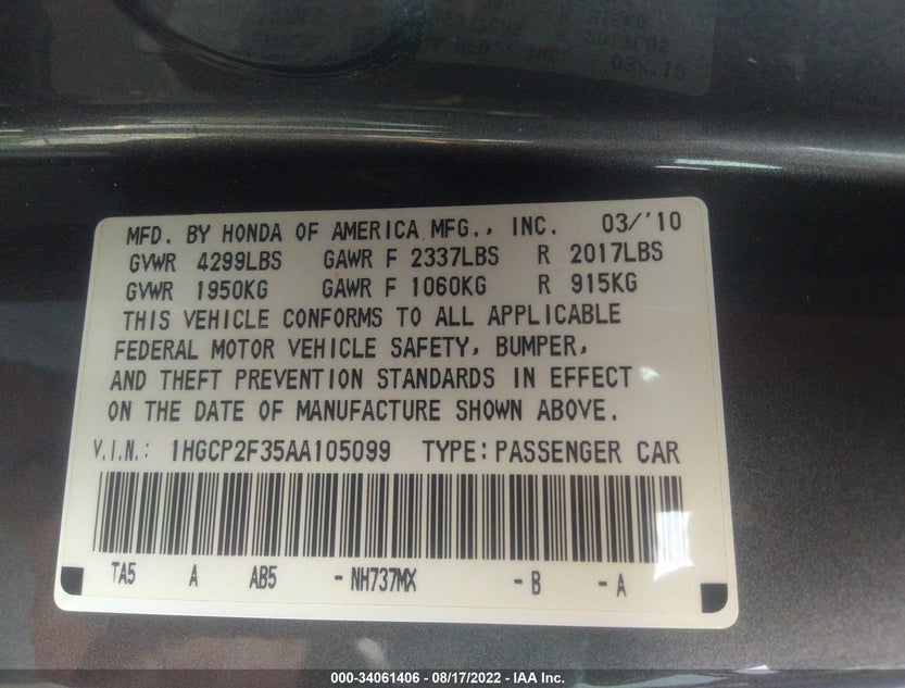1HGCP2F35AA105099