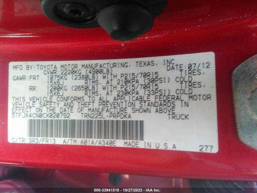 2012 Toyota Tacoma VIN: 5TFJX4CN0CX020792 Lot: 33941518
