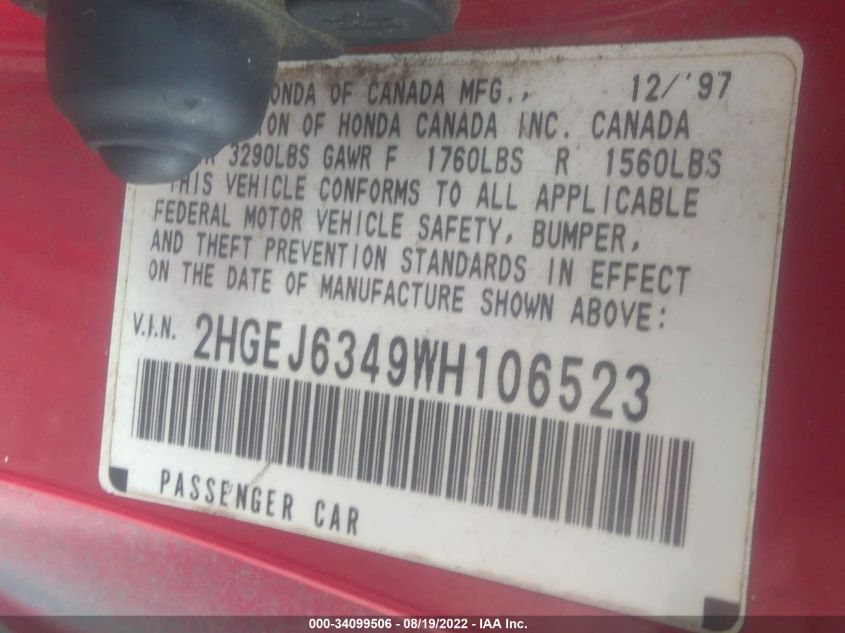 1998 Honda Civic Dx VIN: 2HGEJ6349WH106523 Lot: 34099506