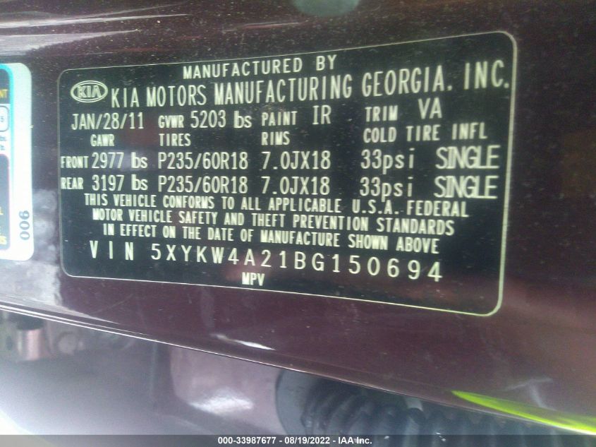 2011 Kia Sorento Sx VIN: 5XYKW4A21BG150694 Lot: 33987677