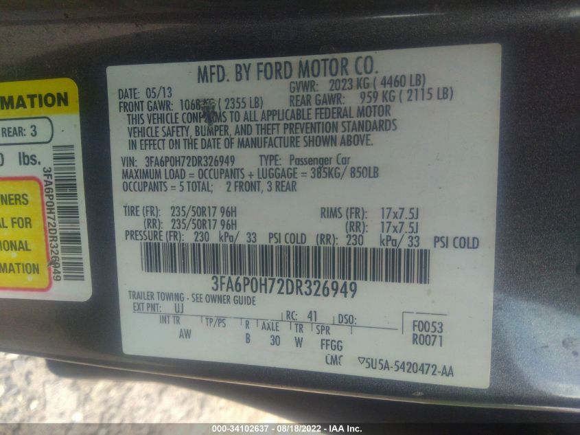 2013 Ford Fusion Se VIN: 3FA6P0H72DR326949 Lot: 34102637