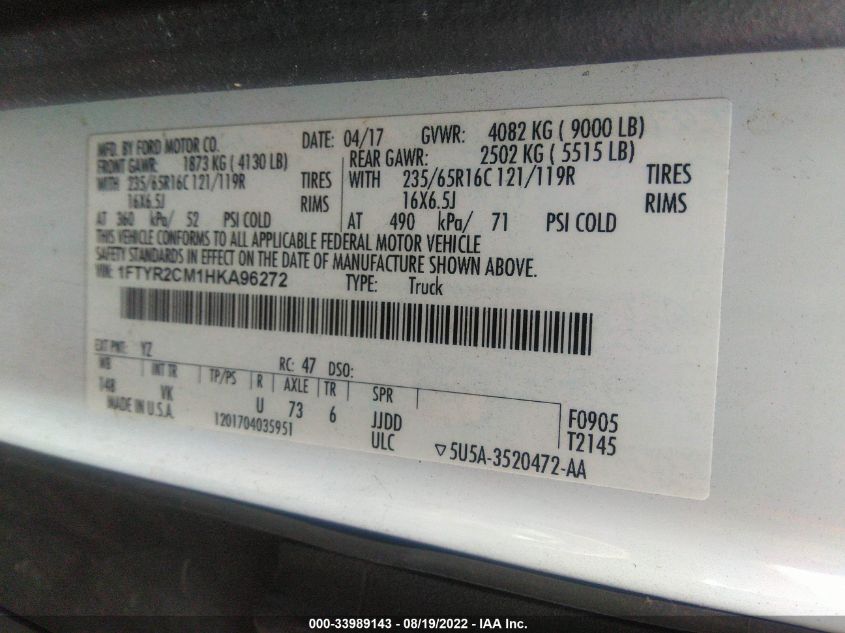 2017 Ford Transit-250 VIN: 1FTYR2CM1HKA96272 Lot: 33989143