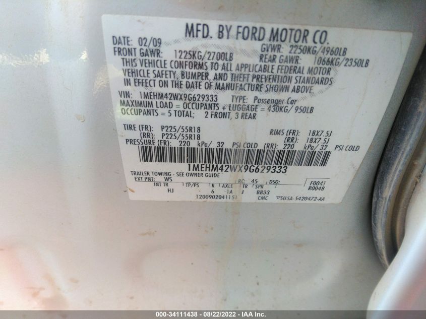 2009 Mercury Sable Premier VIN: 1MEHM42WX9G629333 Lot: 34111438
