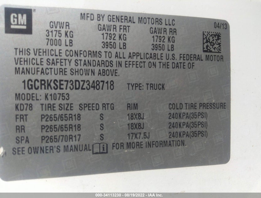 1GCRKSE73DZ348718