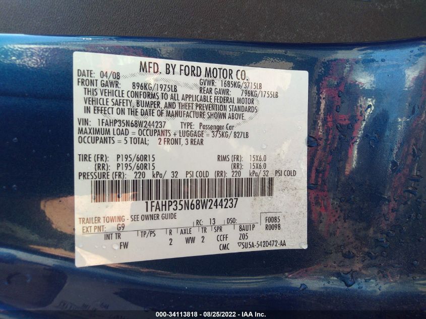 1FAHP35N68W244237 2008 Ford Focus Se/Ses