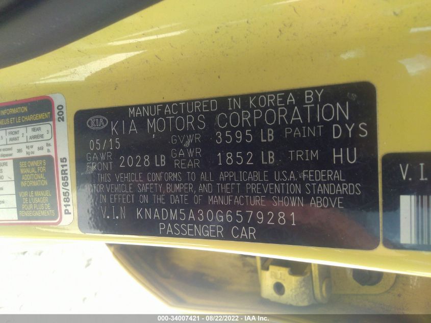 2016 Kia Rio Lx VIN: KNADM5A30G6579281 Lot: 34007421
