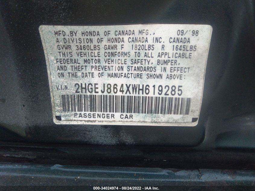 2HGEJ864XWH619285 1998 Honda Civic Ex