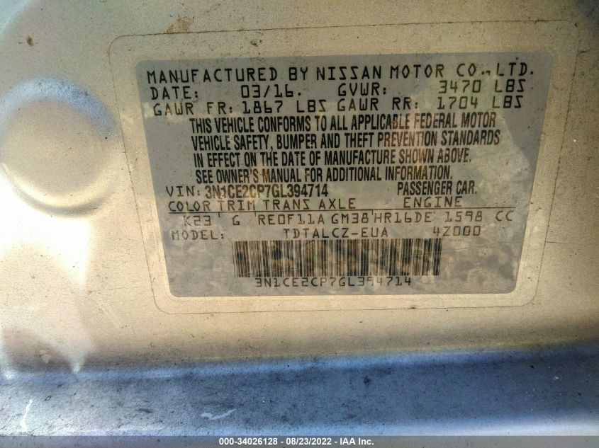 3N1CE2CP7GL394714 2016 Nissan Versa Note S Plus